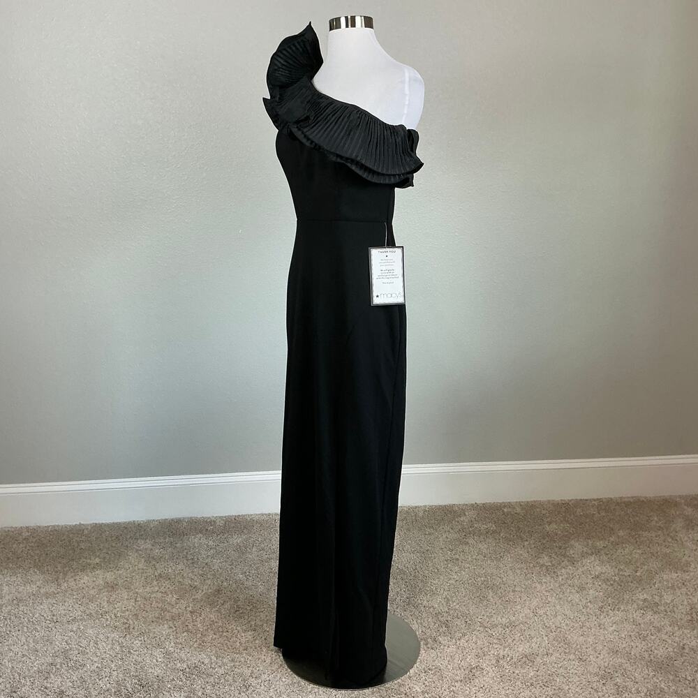 XSCAPE Black Evening Gown Pleated Ruffle One Shoulder Formal Column Dress Size 6 - Picture 5 of 12